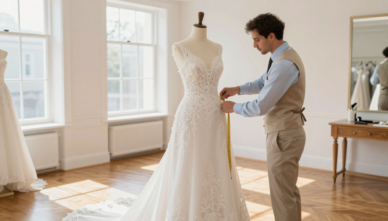 Modern tailor reimagining a vintage wedding dress in a bright Chicago bridal salon.