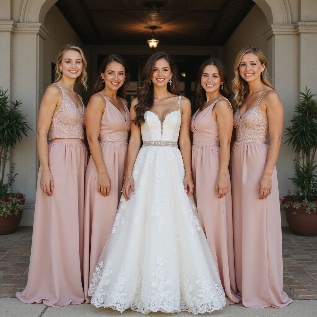Bride and bridesmaids in front of a building. The bride wears a white gown, and bridesmaids wear pink dresses.