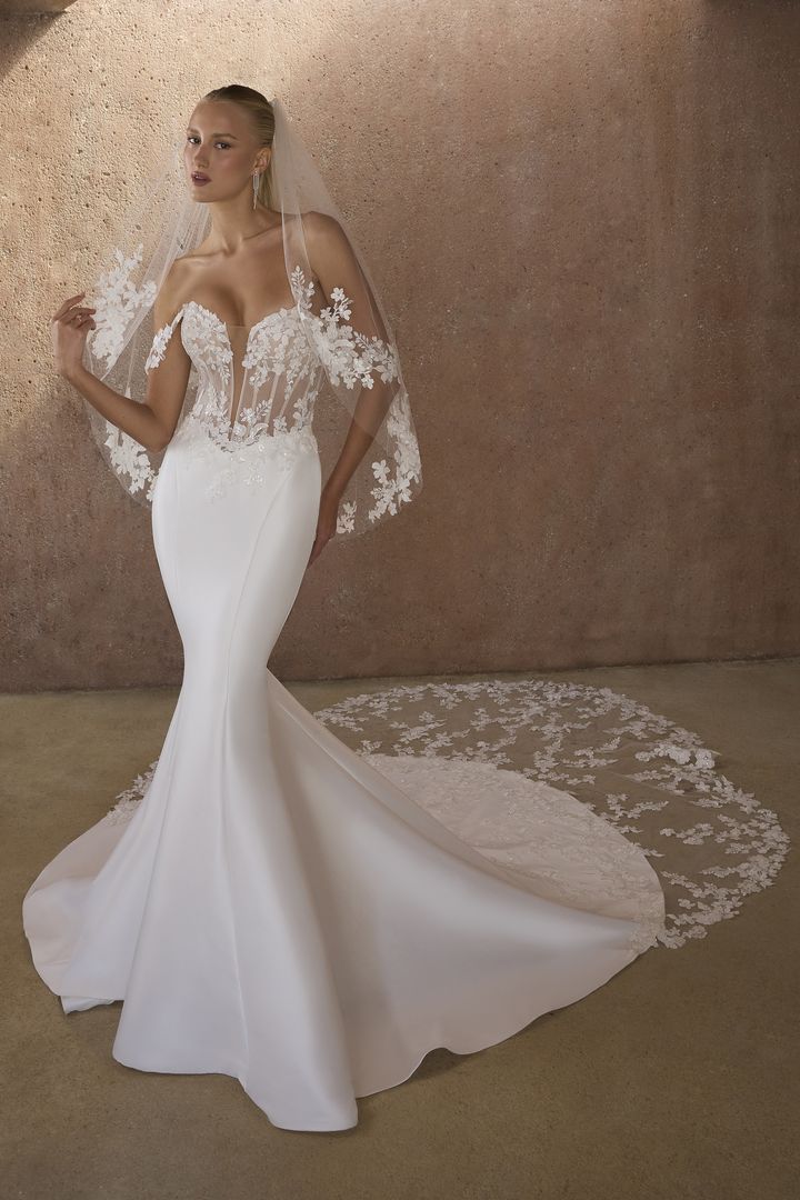 Woman in white mermaid wedding dress with lace bodice, veil, and train.