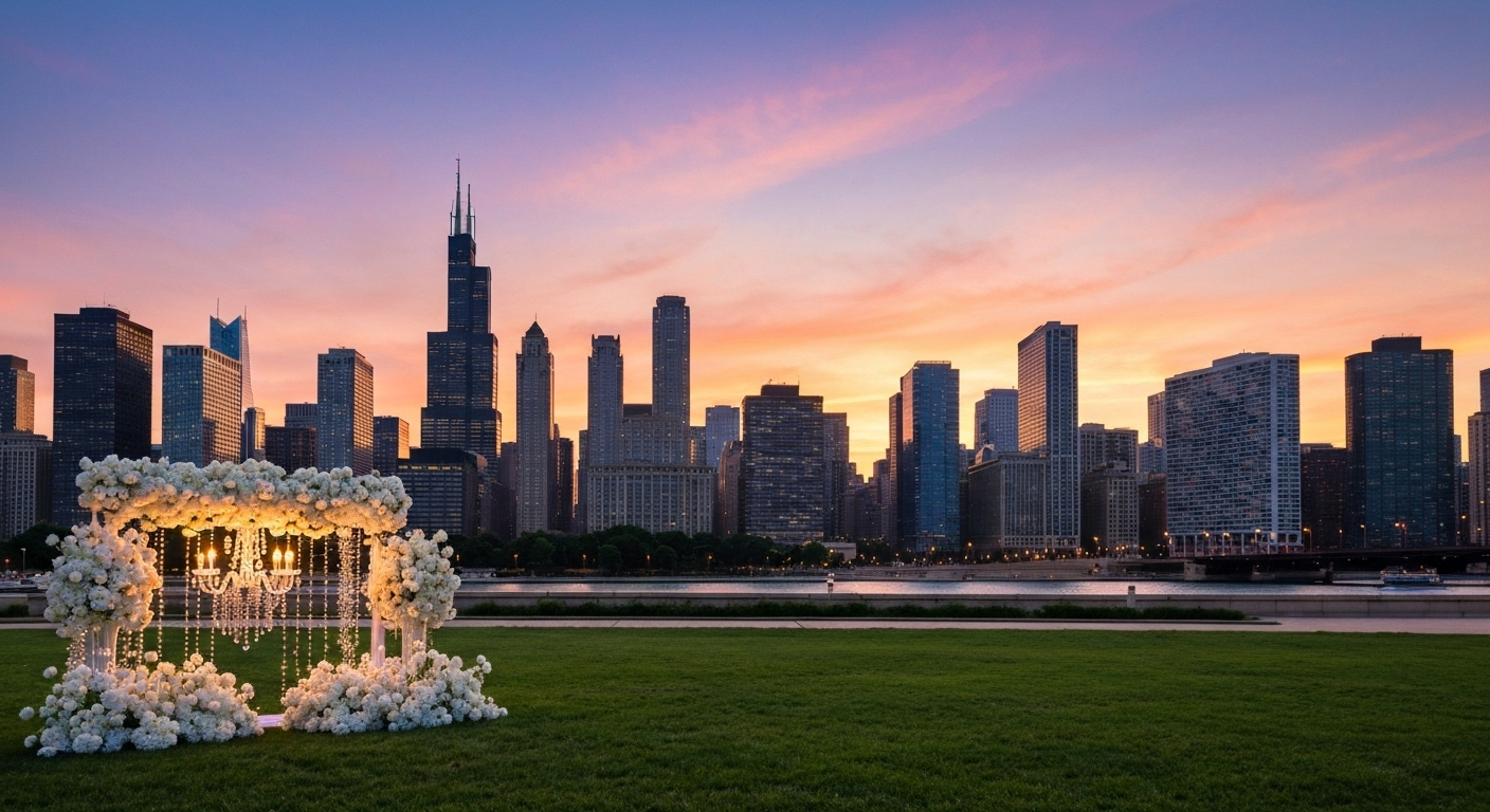 Wedding arch with white flowers and Chicago skyline at sunset.