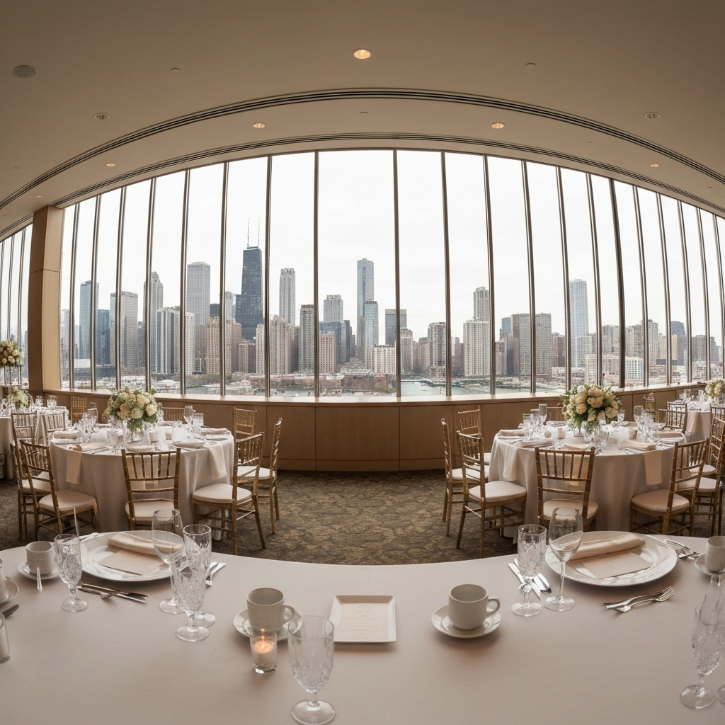 Elegant banquet hall with city skyline views, tables set for a meal.