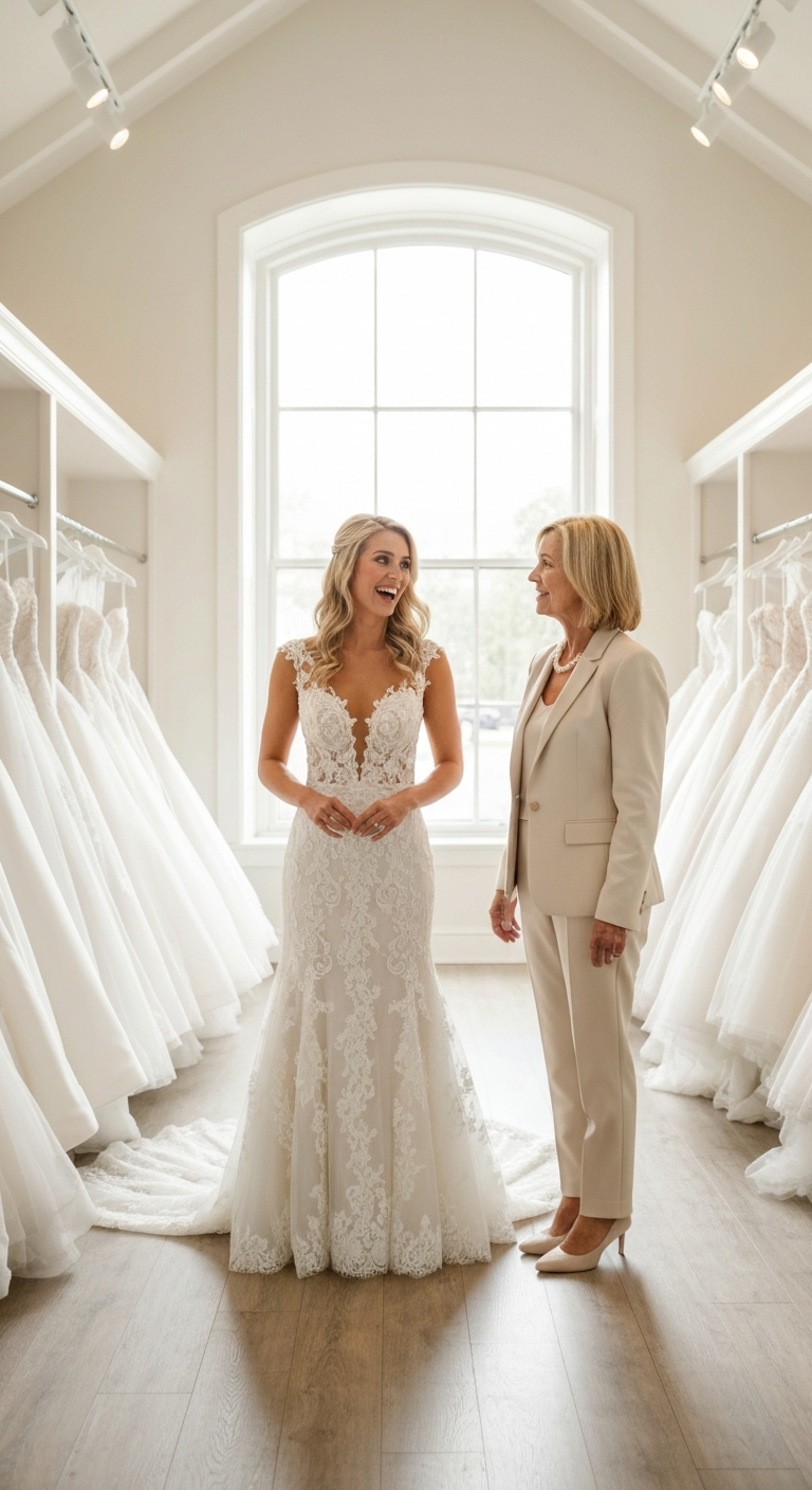Bride in lace wedding dress smiles at woman in beige suit, in a bridal shop.