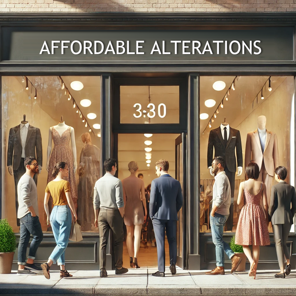 People outside an alteration shop with mannequins in the window. 