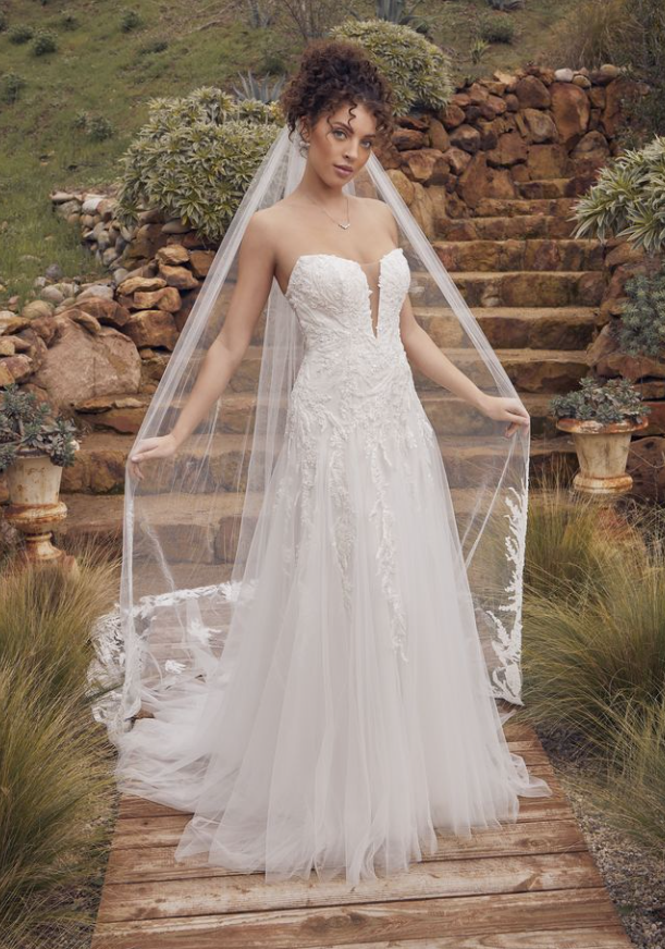 Bride in a strapless white wedding dress with a deep v-neck, holding a veil, standing on a wooden path.
