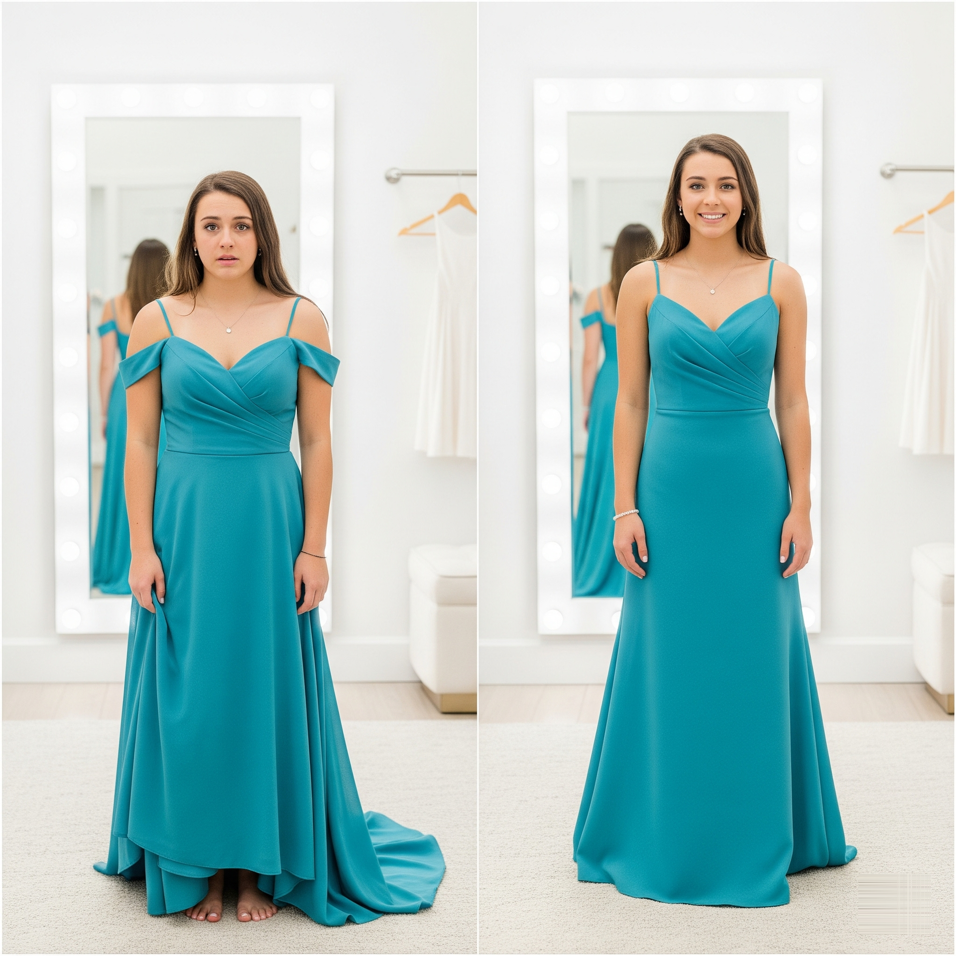 Two side-by-side photos of a woman in a teal dress, one with off-shoulder sleeves, the other without.