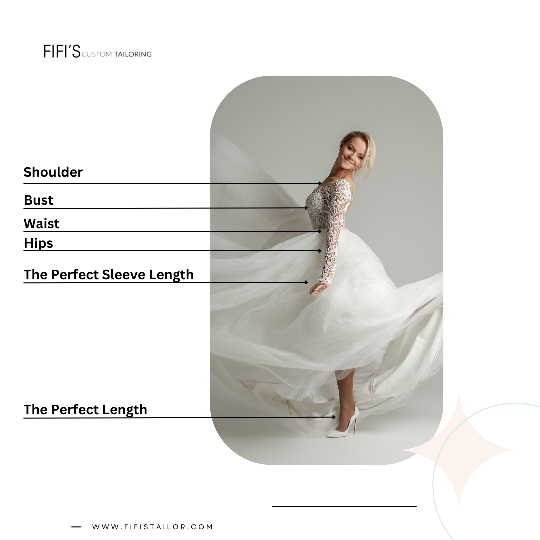 Woman in a white dress, measurement guide labeled 