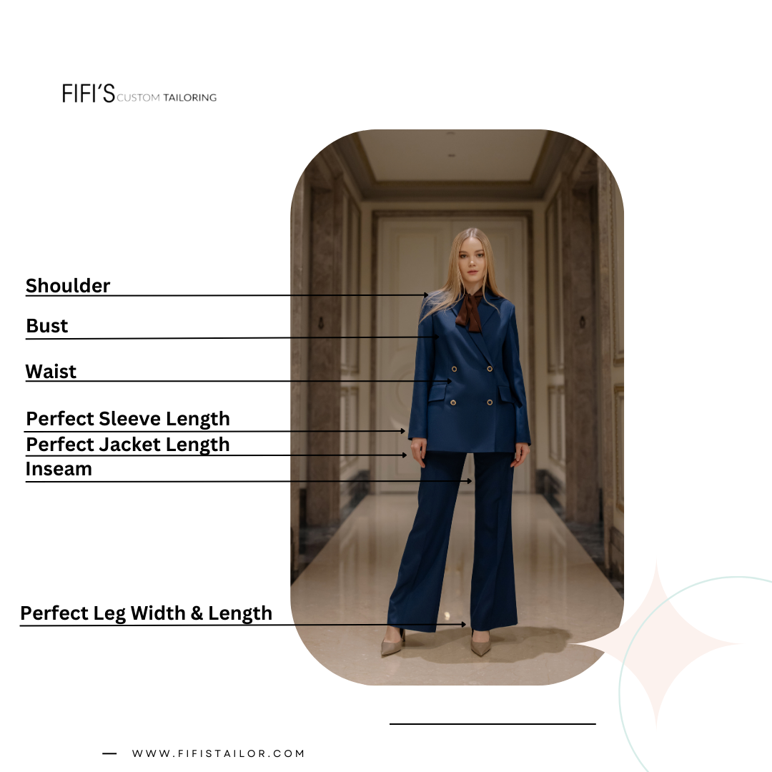 Woman in a blue suit, measuring points: shoulder, bust, waist, sleeve, jacket, and leg length.