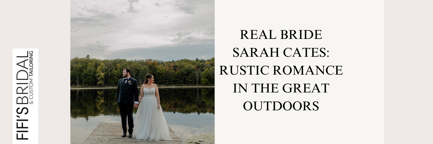 Bride and groom holding hands, standing on a dock with forest and water background. 