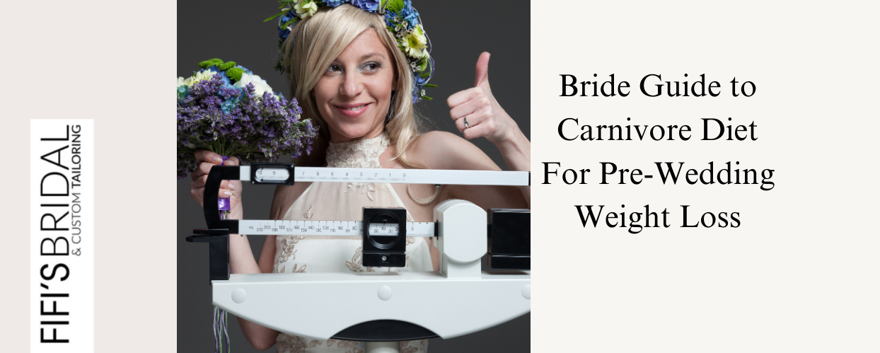 Bride on scale gives thumbs up, with bouquet, flower crown. Text: Bride Guide to Carnivore Diet For Pre-Wedding Weight Loss.