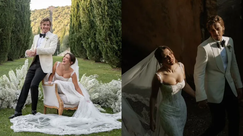 Wedding photos: a couple laughs together, the bride in a lace gown, the groom in a white suit.