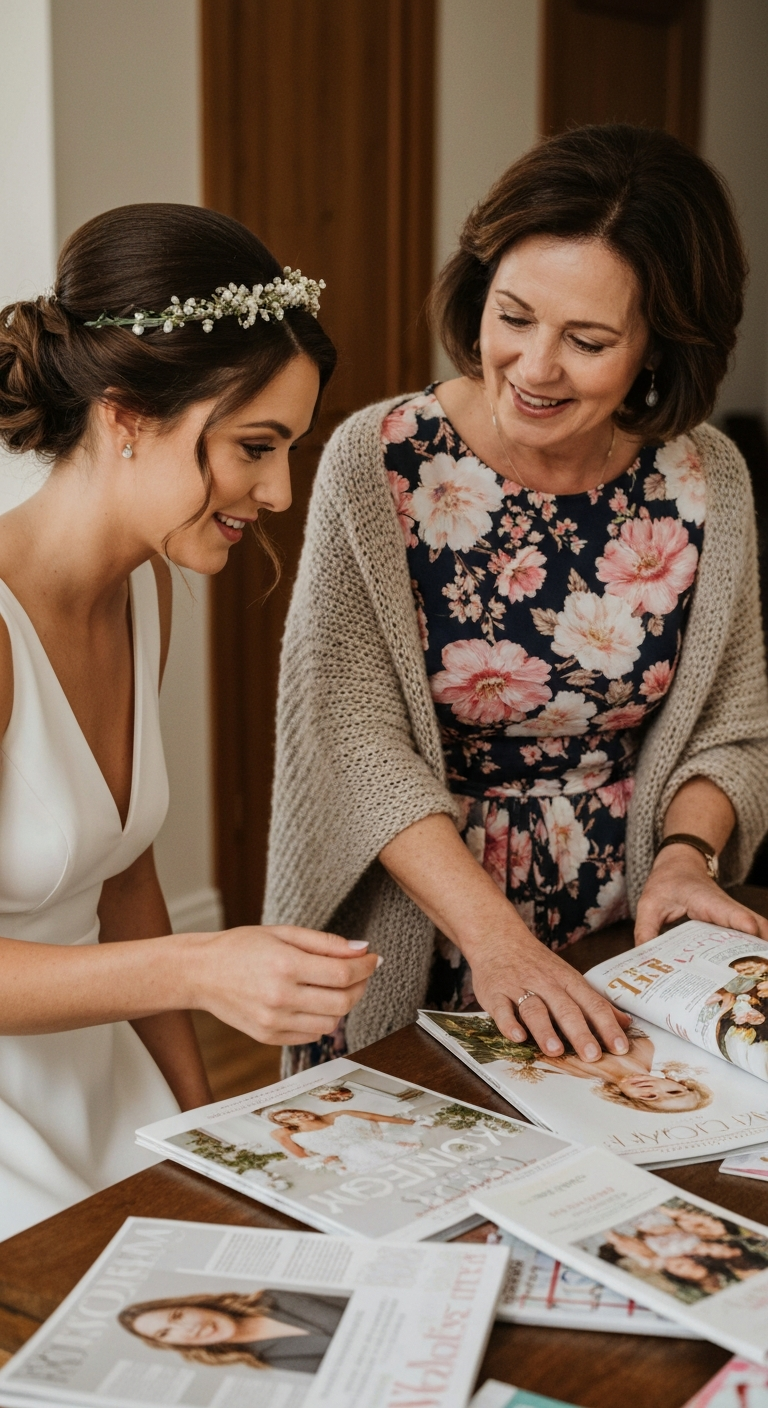Bride and woman looking at wedding magazines. Both are smiling, inside a room, daytime.
