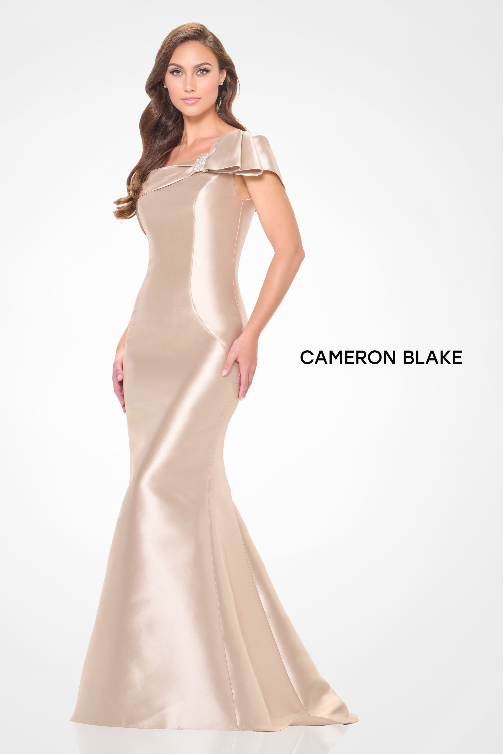 Blue satin floor-length formal gown with ruffled cap sleeves on a model against a white background