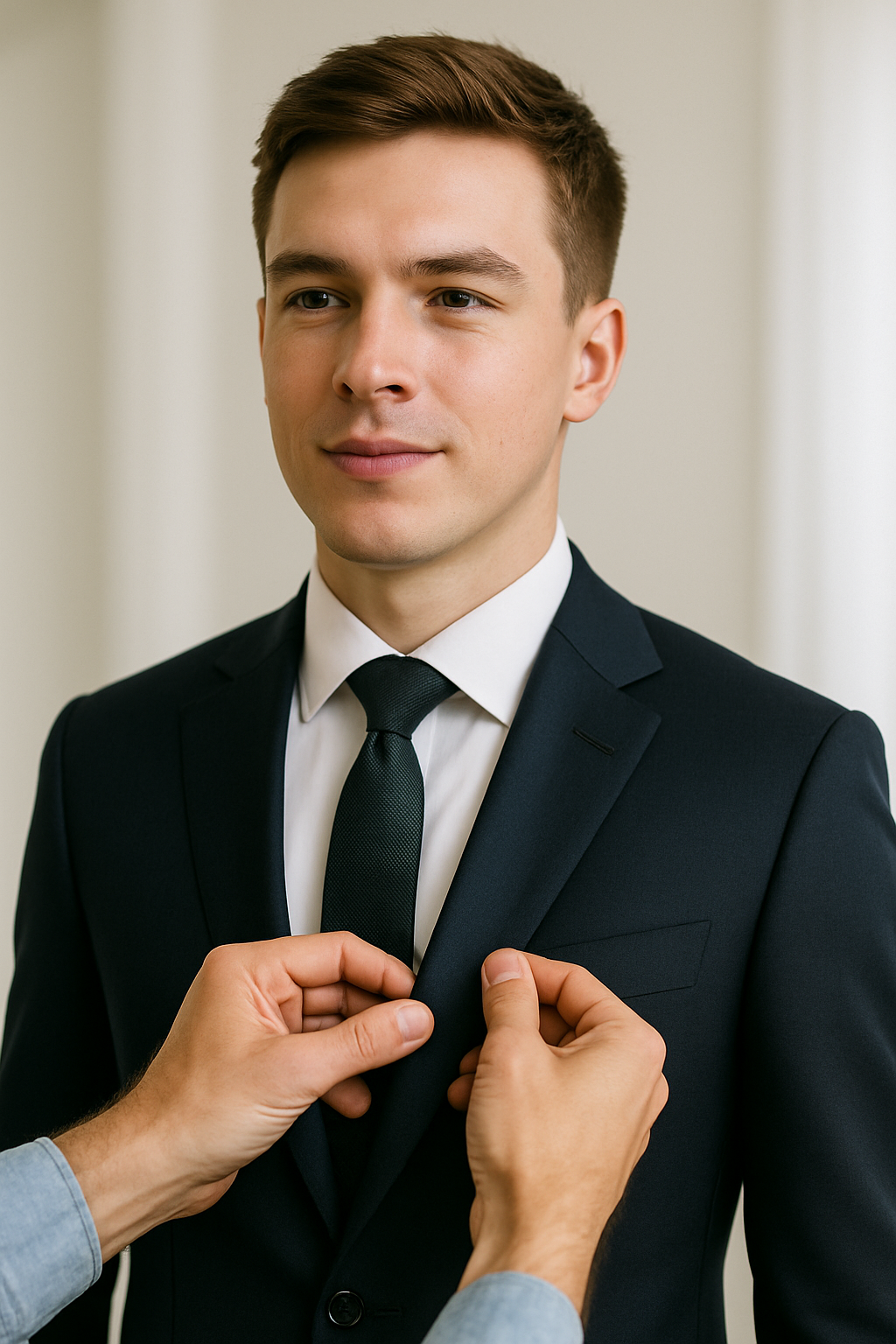 Man in a dark suit with a tie, having his jacket buttoned by another person.