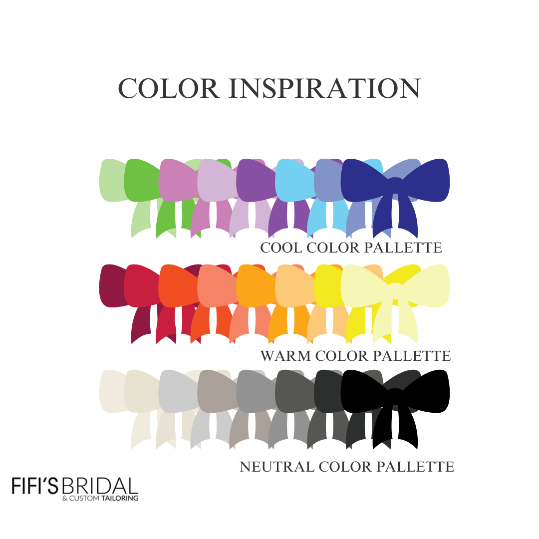 Color palette inspiration: rows of colorful bows categorized as cool, warm, and neutral.