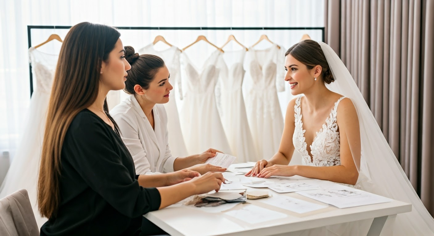 Bride with two women reviews sketches and options at a table with wedding dresses in the background.