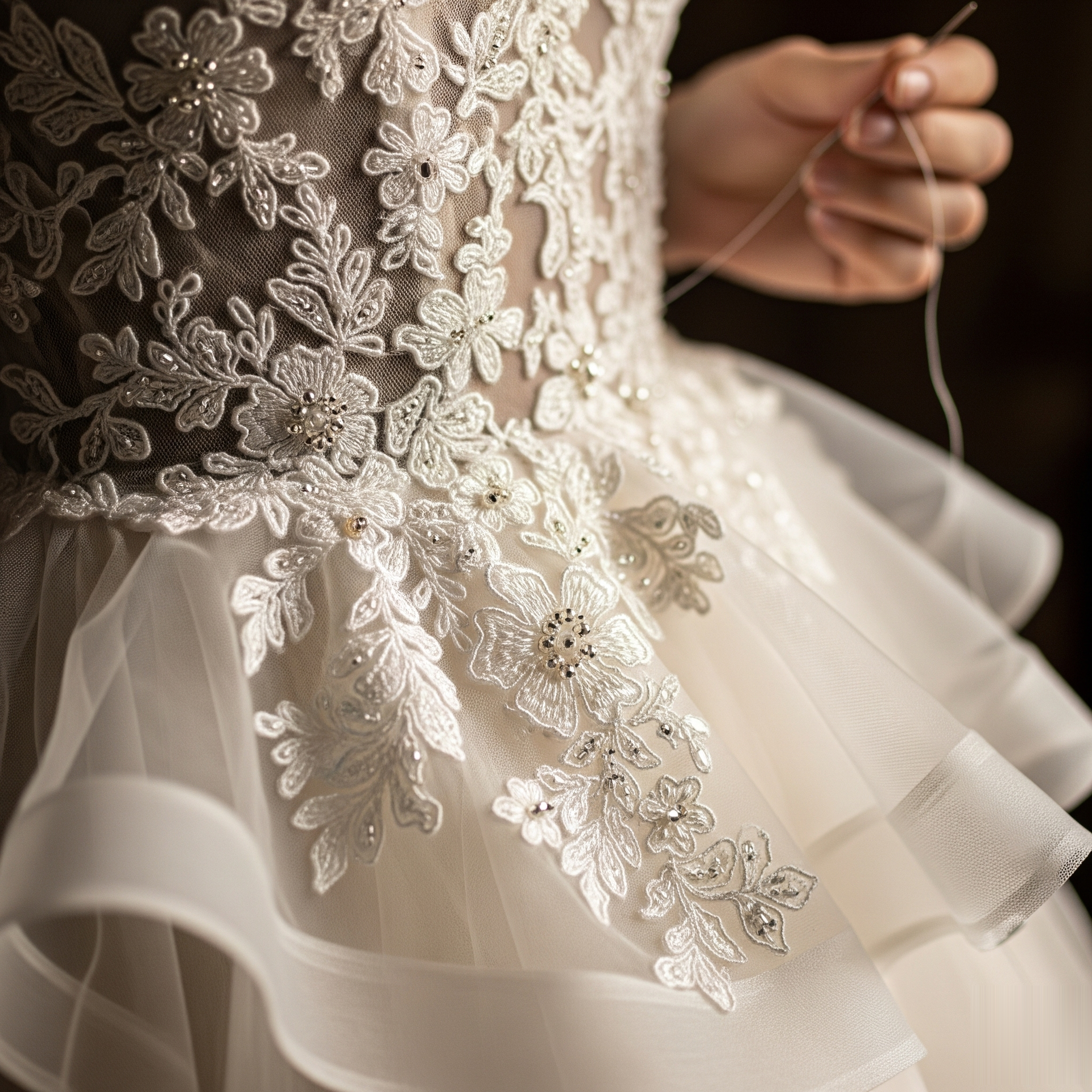 Close-up of a white wedding dress with lace embroidery and layered tulle, with a hand holding a needle.