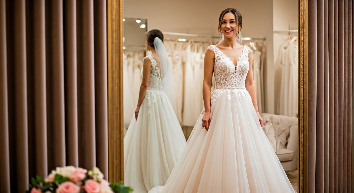Woman smiles in wedding dress, looking in mirror at herself; inside bridal shop.