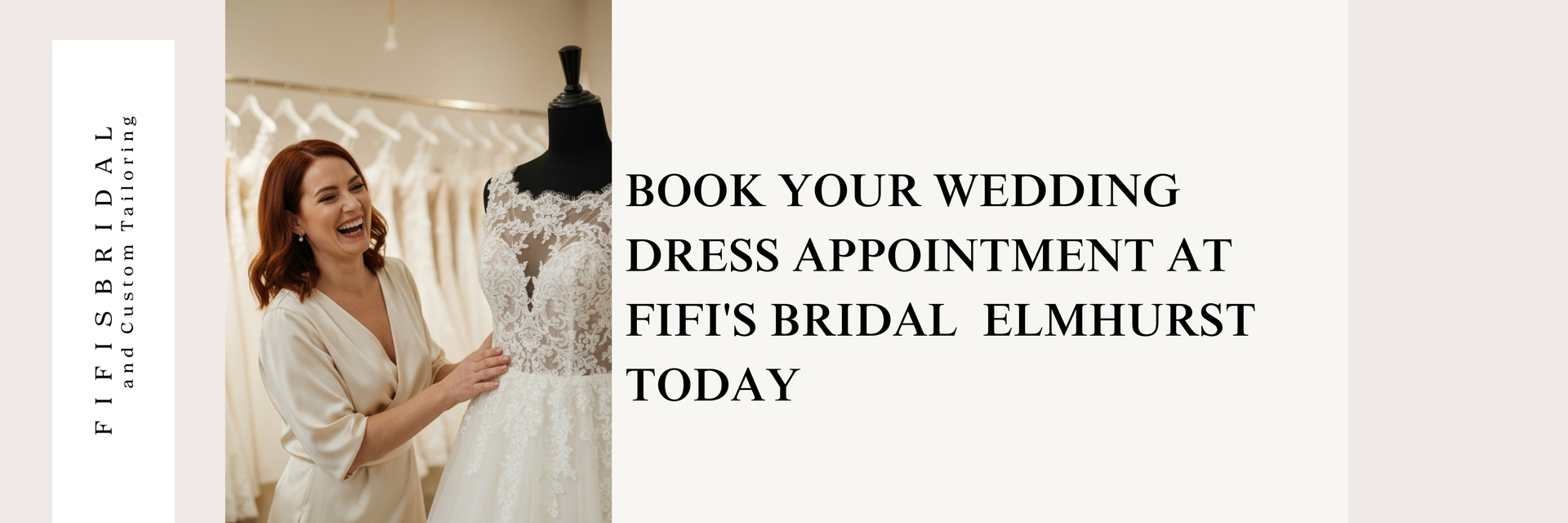 Woman smiling at a wedding dress on a mannequin;