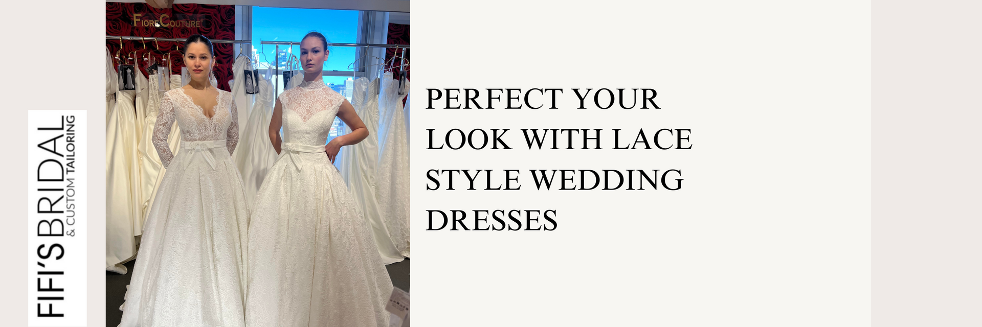 Two women in white lace wedding dresses; Fifty's Bridal Collection.