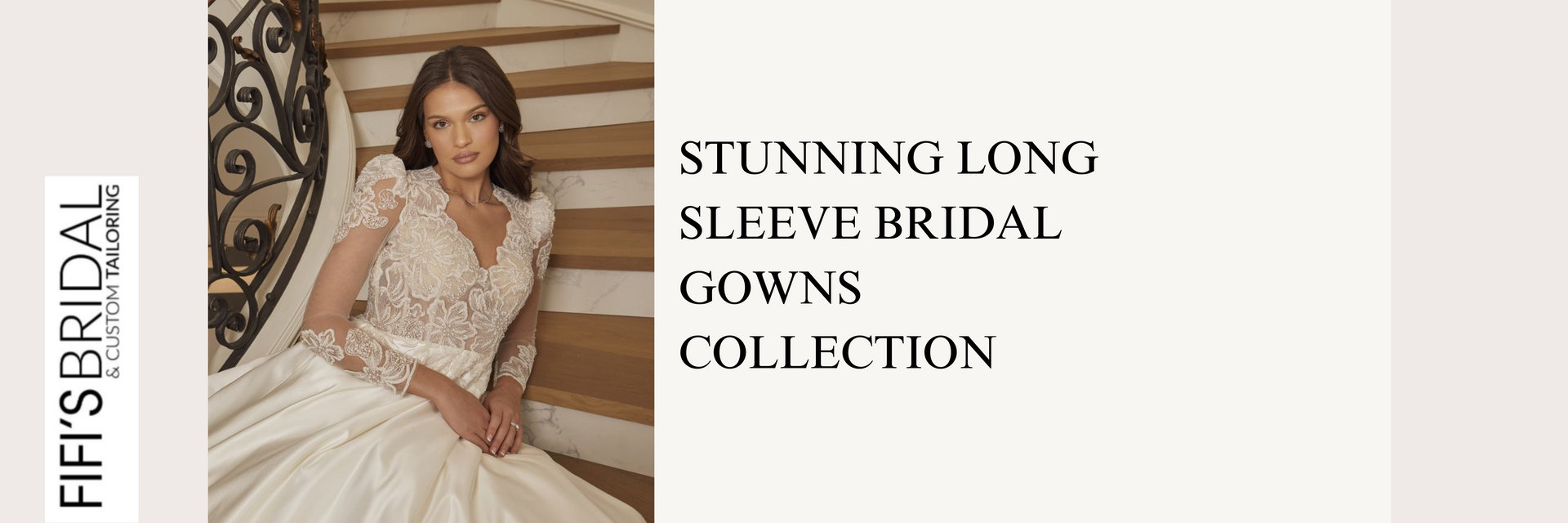 Woman in a white lace bridal gown on a staircase, Fifth's Bridal ad: