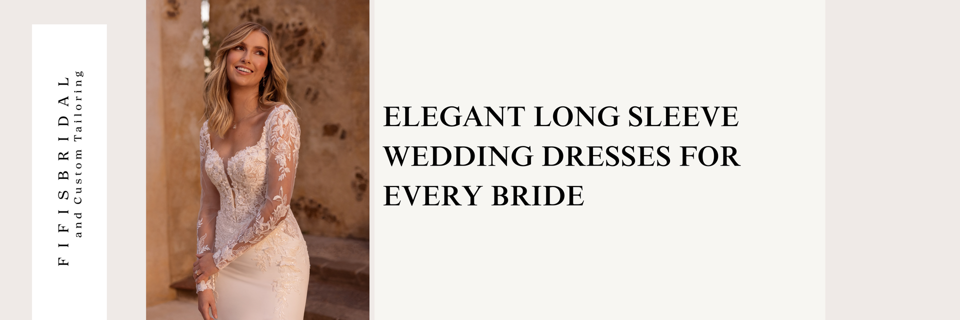 Woman in long-sleeved wedding dress smiles. Text reads,