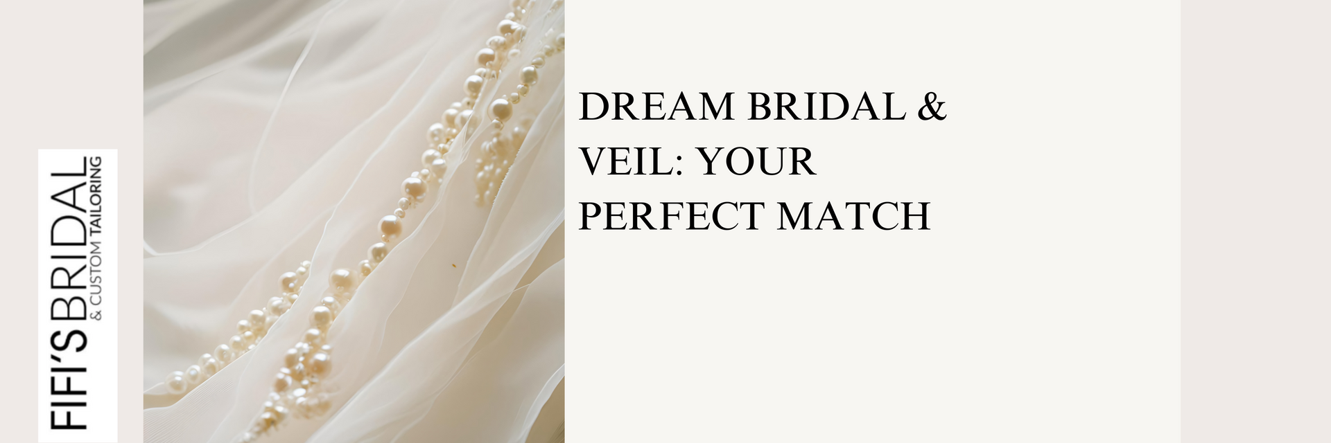 Pearl beaded bridal veil on a white background with text, 