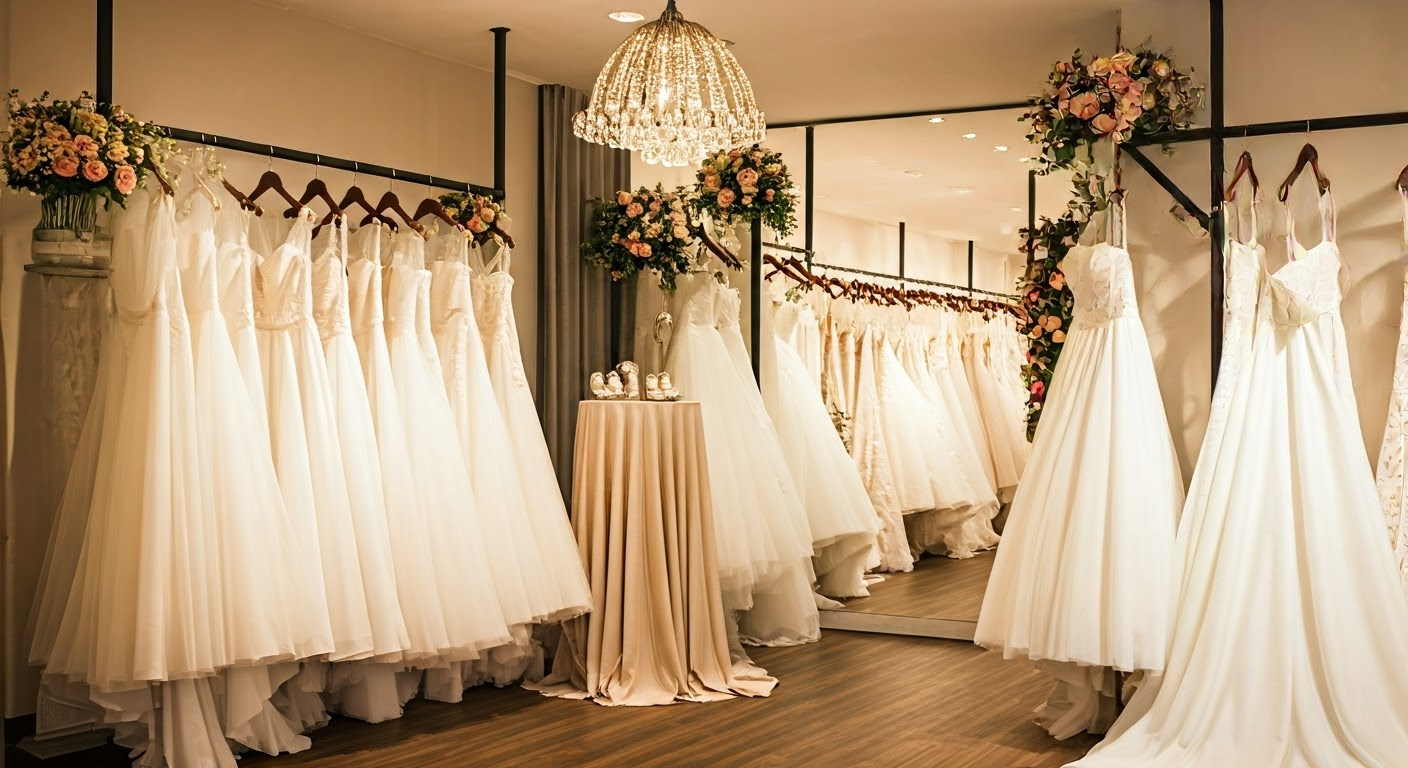 Wedding dresses hanging in a bridal boutique, with floral accents and a chandelier.