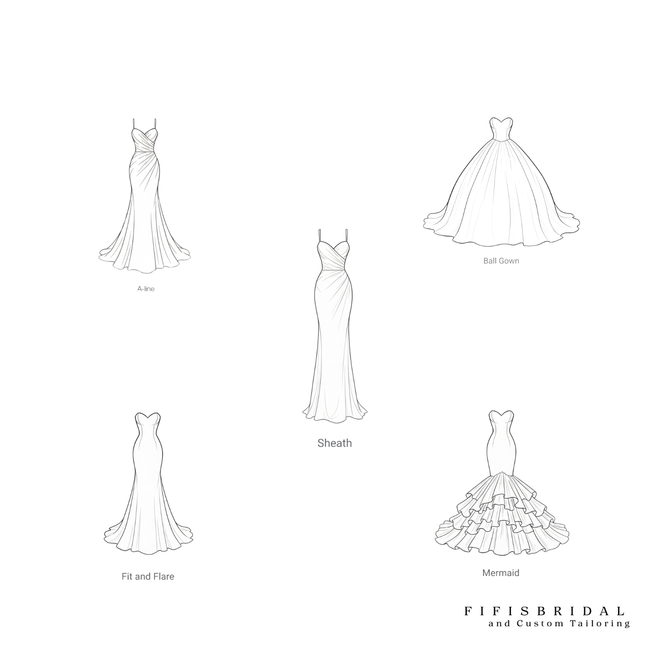 Five different line drawings of wedding dresses labeled: A-line, Sheath, Ball Gown, Trumpet, and Mermaid.
