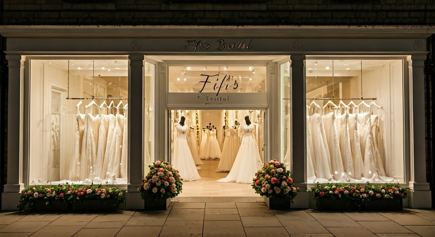 Wedding dress shop front, illuminated at night, displaying gowns.