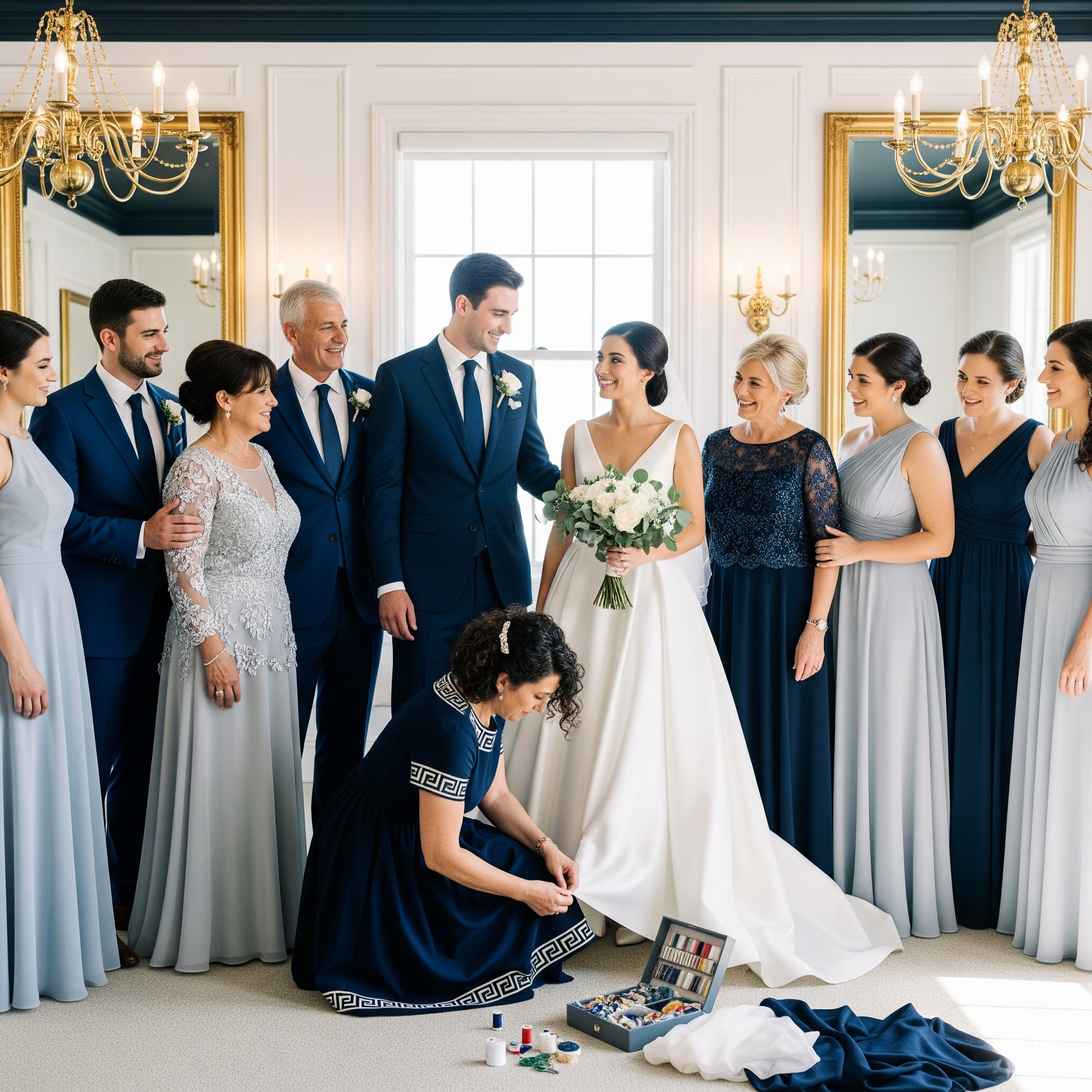 Wedding group: Bride, groom, attendants, and family pose indoors, dressmaker adjusts the bride's gown.