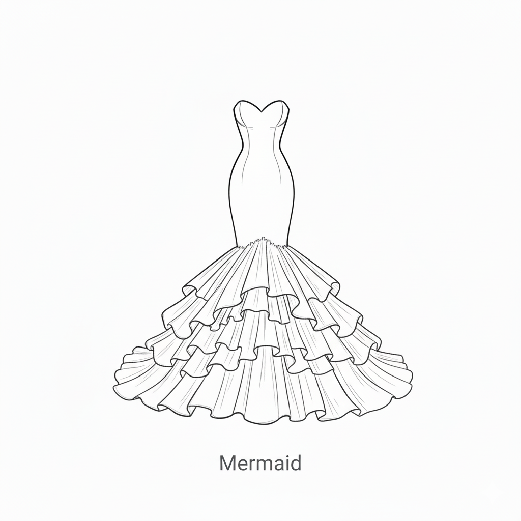 Line drawing of a strapless mermaid wedding dress with layered ruffles at the bottom.