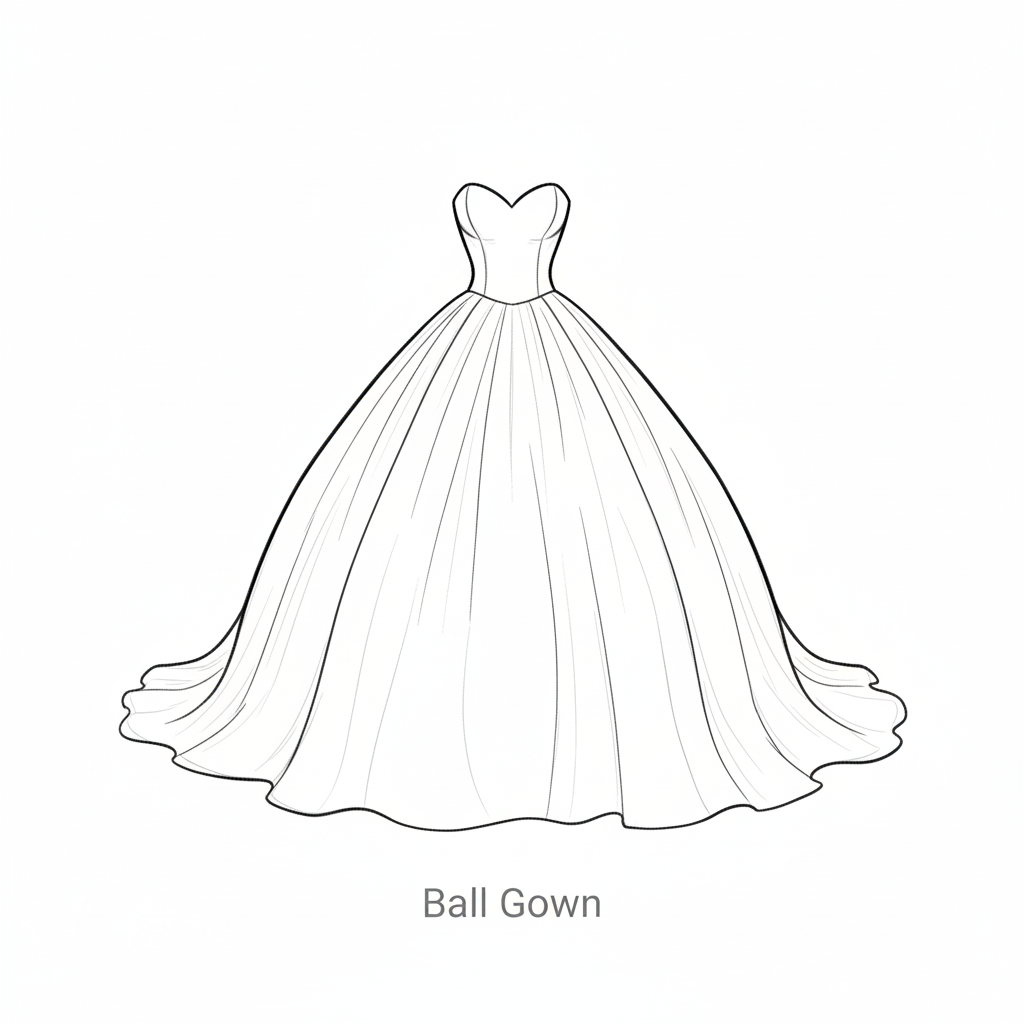 Line drawing of a strapless ball gown with a full skirt.