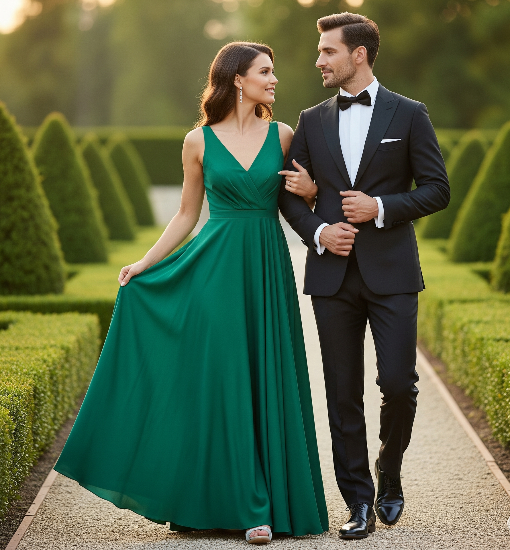 Woman in emerald dress and man in a tuxedo walking arm in arm on a path, looking at each other.
