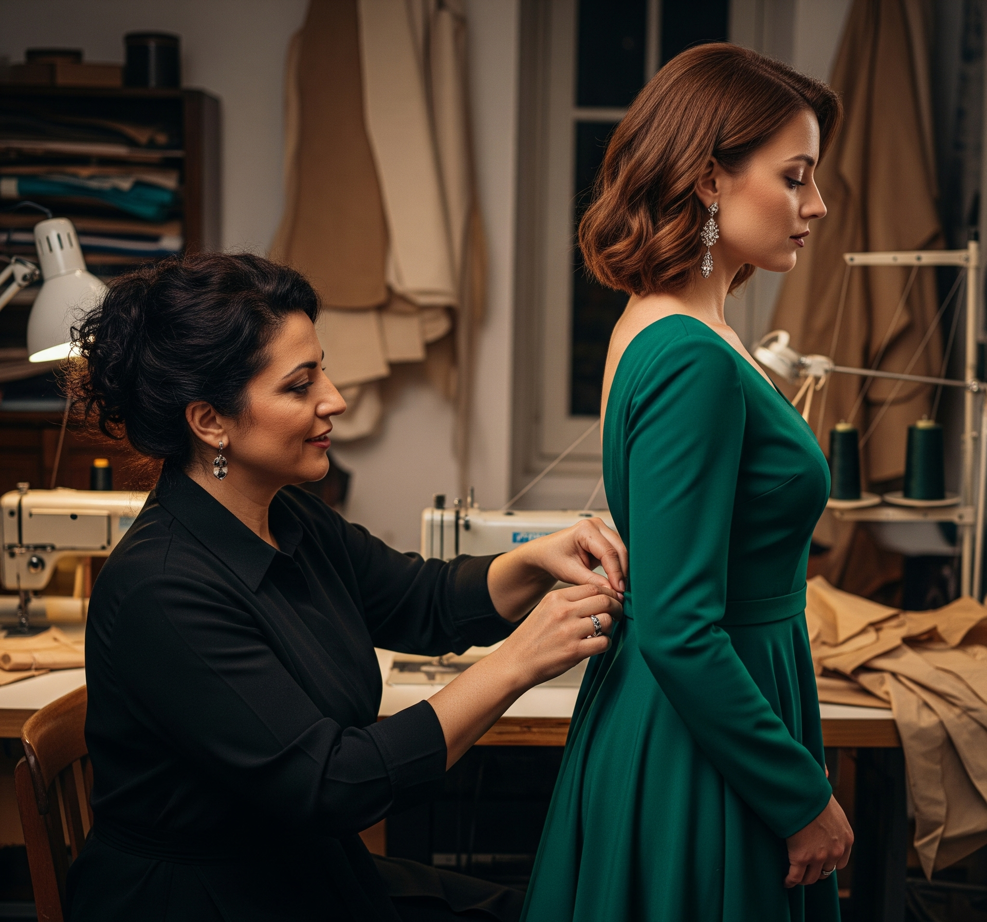 Tailor fitting a green dress on a customer in a studio; the tailor is buttoning the back.