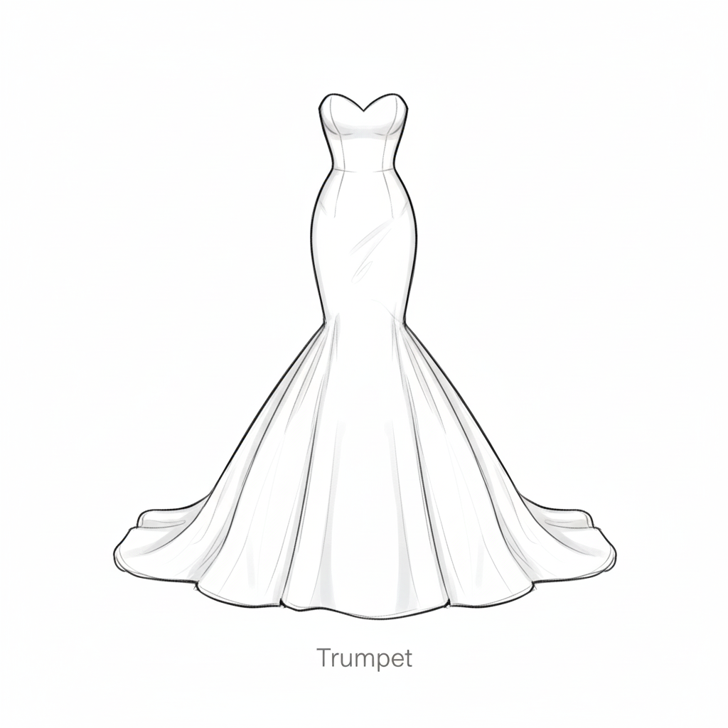 Outline of a trumpet-style wedding dress, strapless and fitted through the bodice, flaring at the knees with a long train.