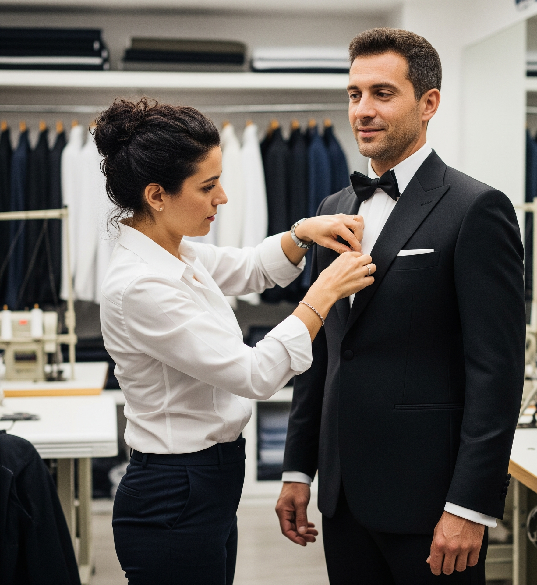 Tailor adjusting a man's tuxedo jacket in a shop. The man wears a bow tie and a white pocket square.