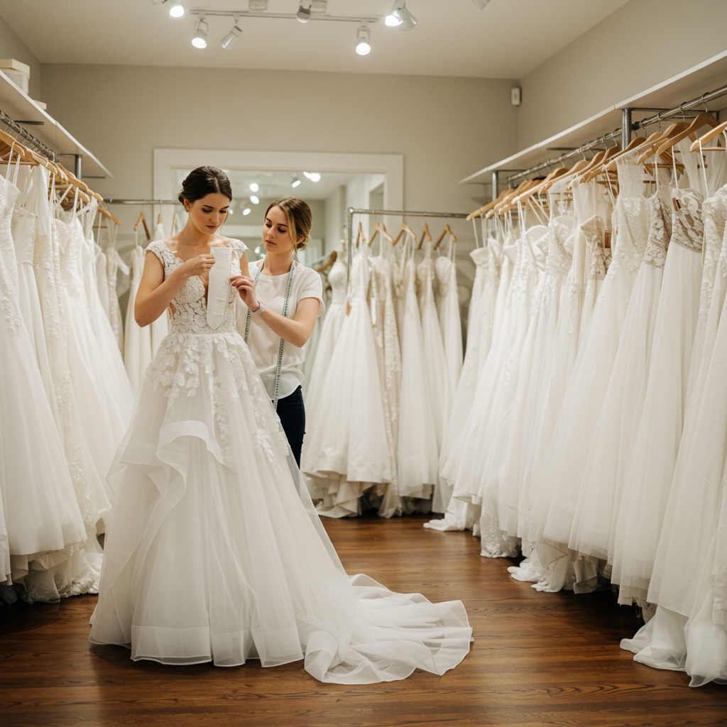 Woman trying on wedding dress in bridal shop, assisted by another woman. Many gowns on racks.