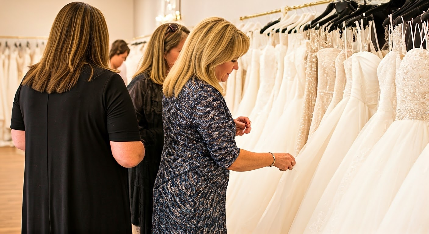 Women browse wedding dresses on a rack in a bridal shop.