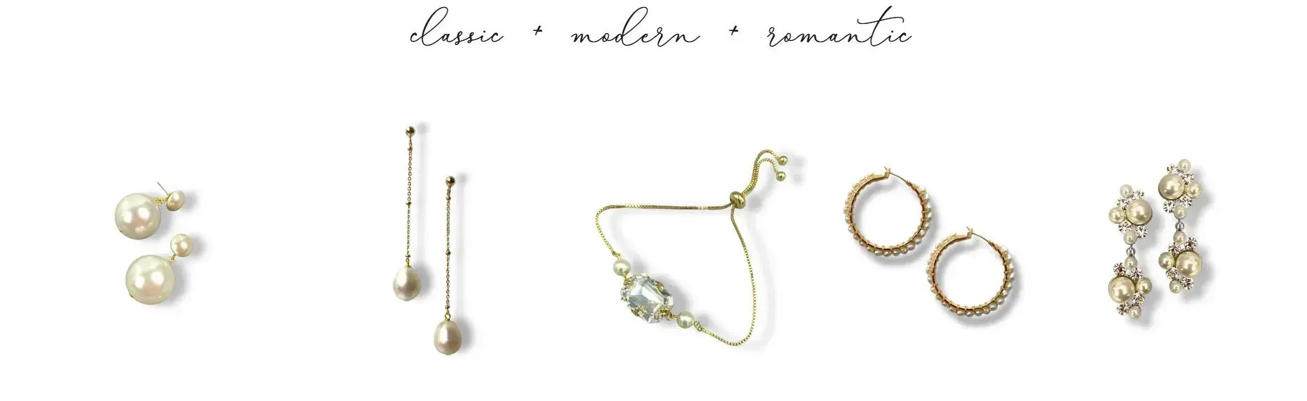 Jewelry collection featuring earrings and bracelet with pearls against a white background. Jewelry collection featuring earrings and bracelet with pearls against a white background.