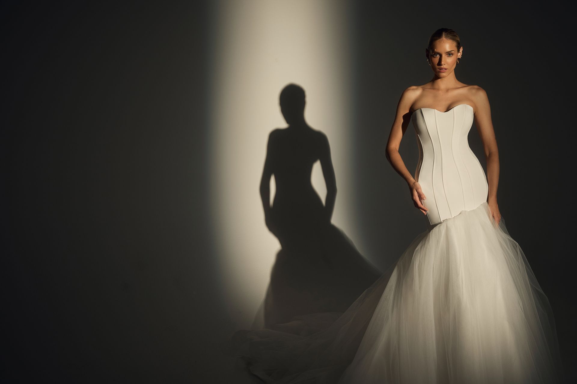 Woman in strapless white wedding dress with a fishtail skirt, posing with a shadow.