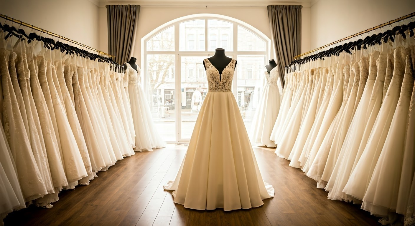 Wedding dresses displayed in a boutique. An elegant gown on a mannequin stands in front of arched window.