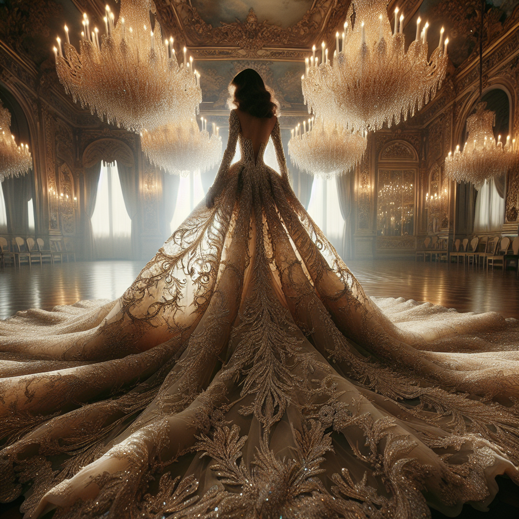 Woman in a flowing gown stands in a ballroom, back to the viewer. Opulent chandeliers and gilded decor fill the space.