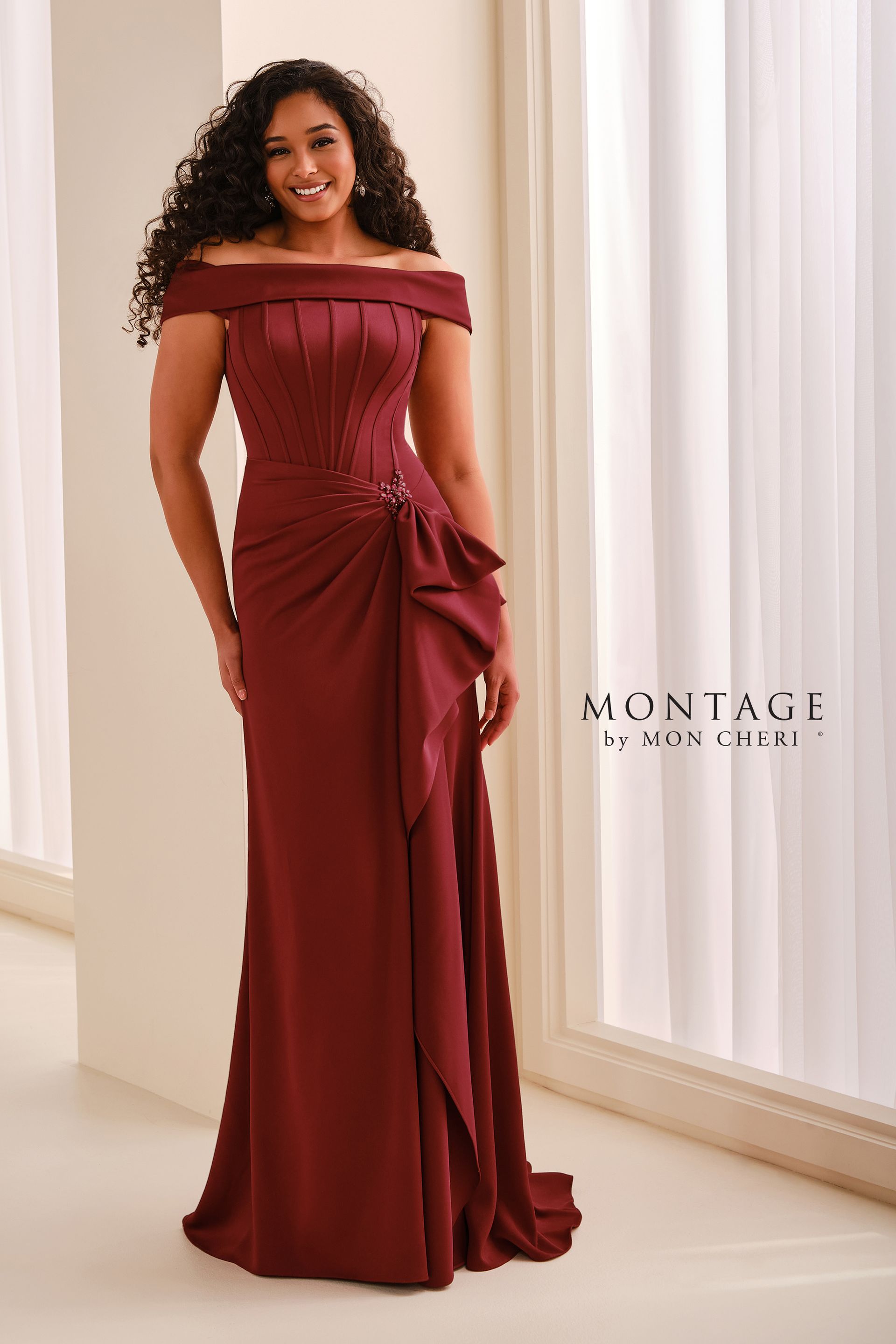 Off-the-Shoulder Crepe Mermaid Gown| MONTAGE M3212