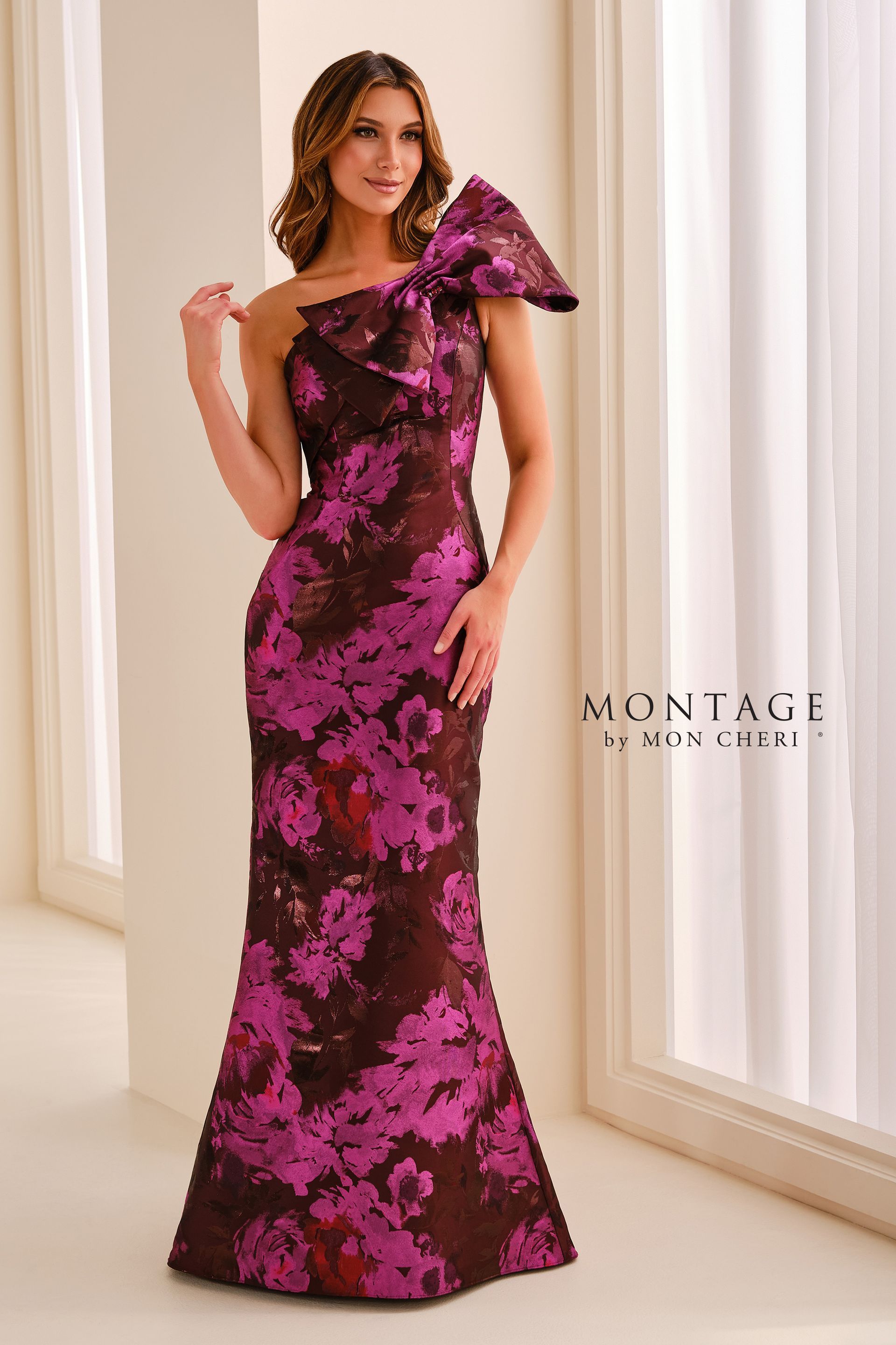 Montage M3216: One-Shoulder Metallic Jacquard Mermaid Gown
