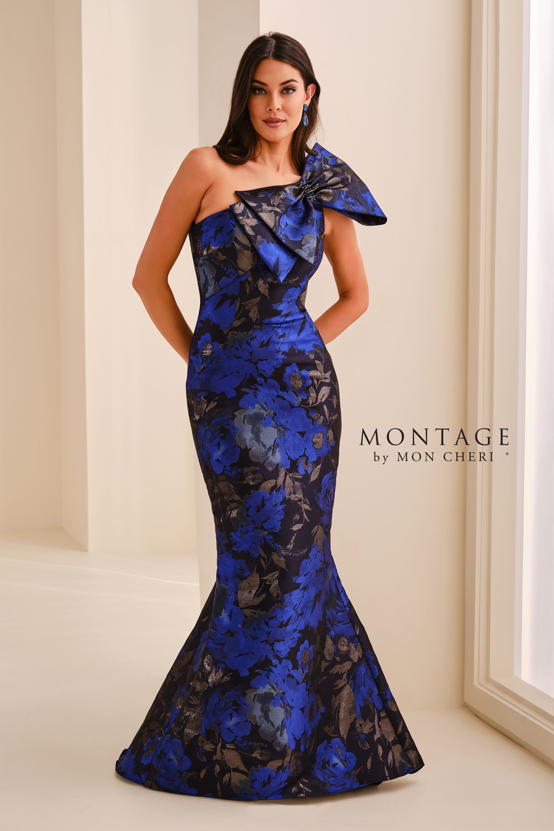 Montage M3216: One-Shoulder Metallic Jacquard Mermaid Gown