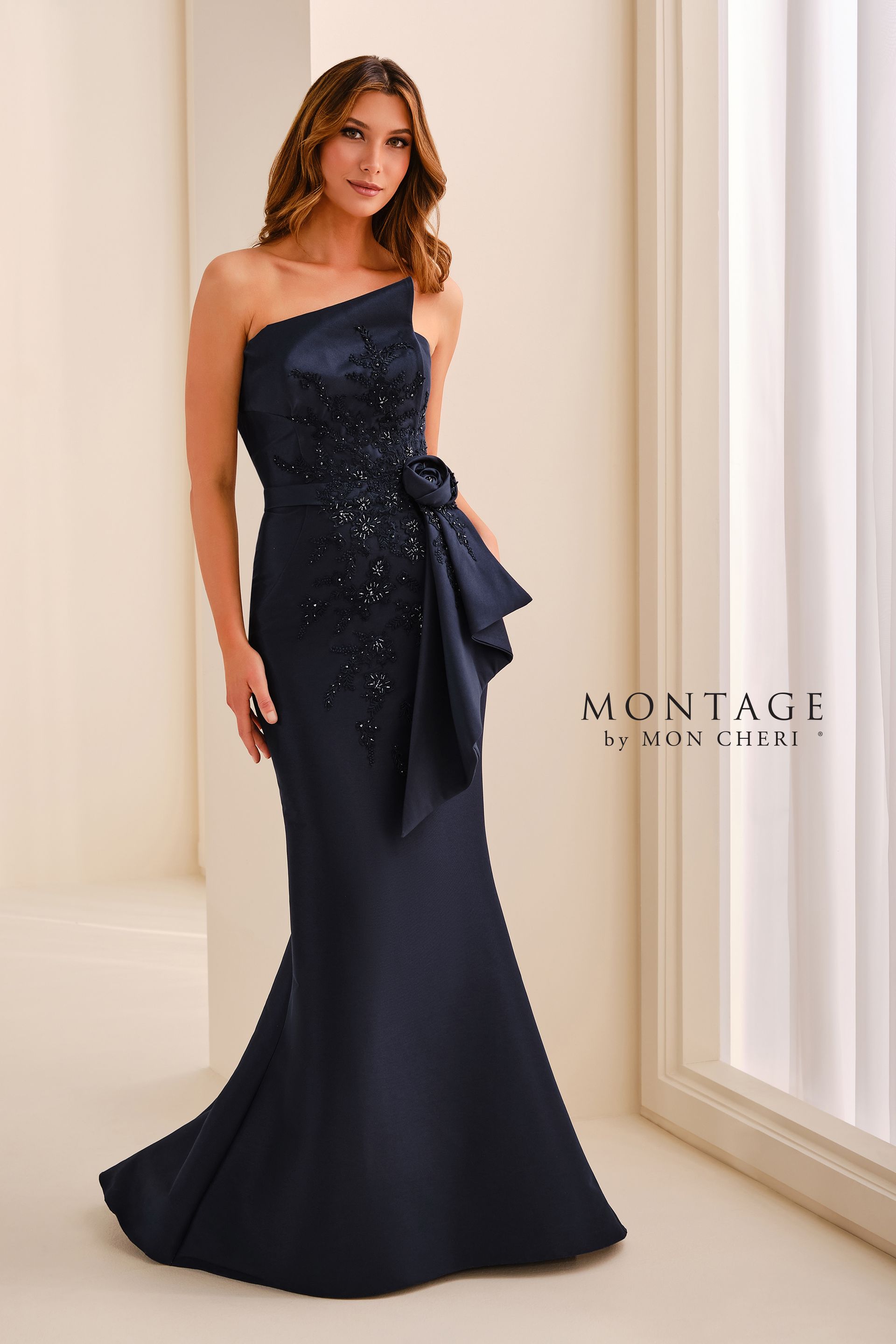 Montage M3219: Asymmetrical Mikado Gown with 3D Florals