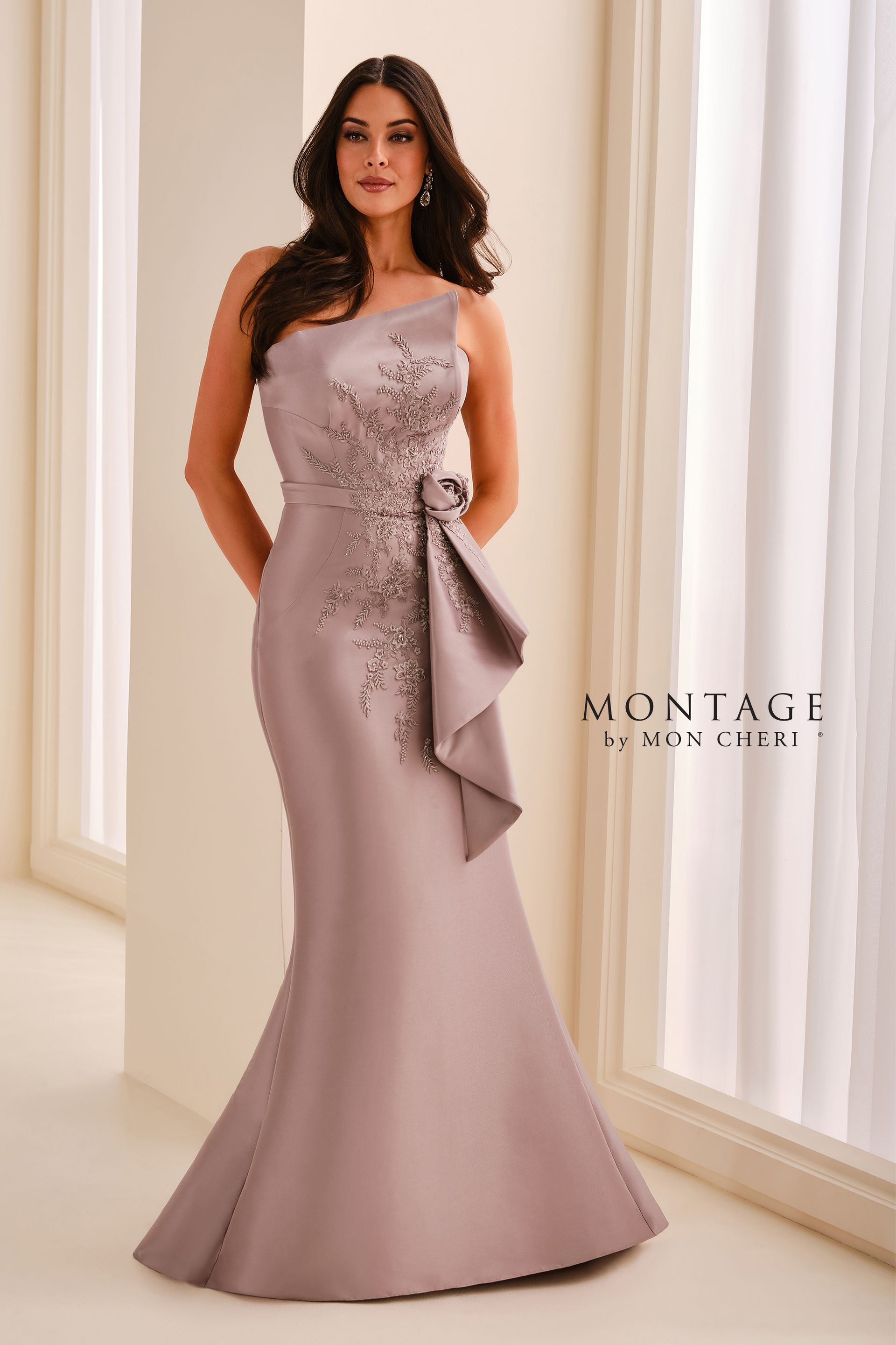 Montage M3219: Asymmetrical Mikado Gown with 3D Florals