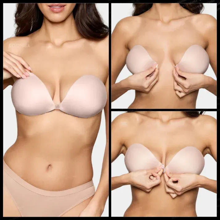 Woman demonstrating a strapless push-up bra with front closure in a neutral tone; close-up shots. Woman demonstrating a strapless push-up bra with front closure in a neutral tone; close-up shots.