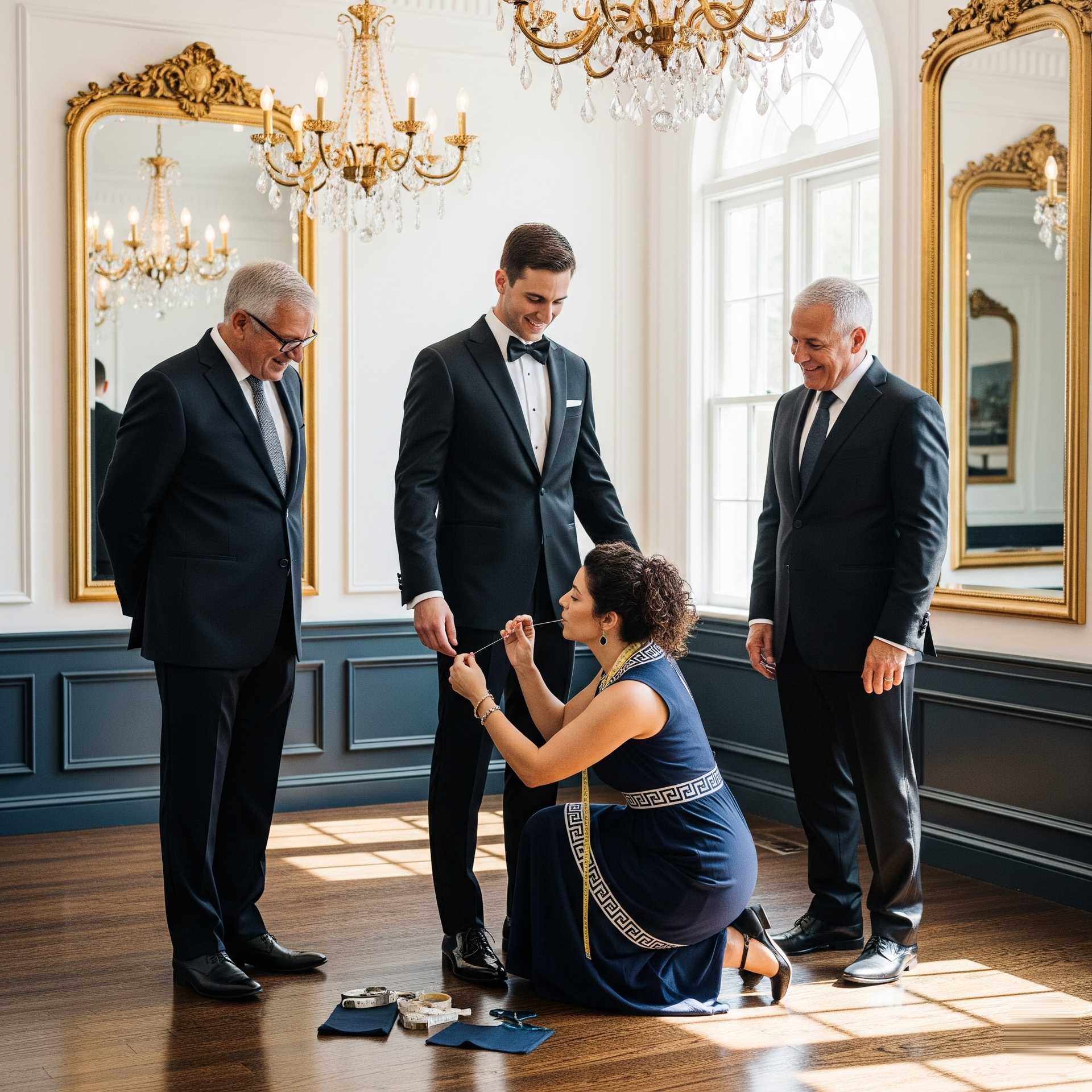 Woman kneeling, adjusting groom's suit. Two men watch. Elegant room with gold mirrors and chandeliers.