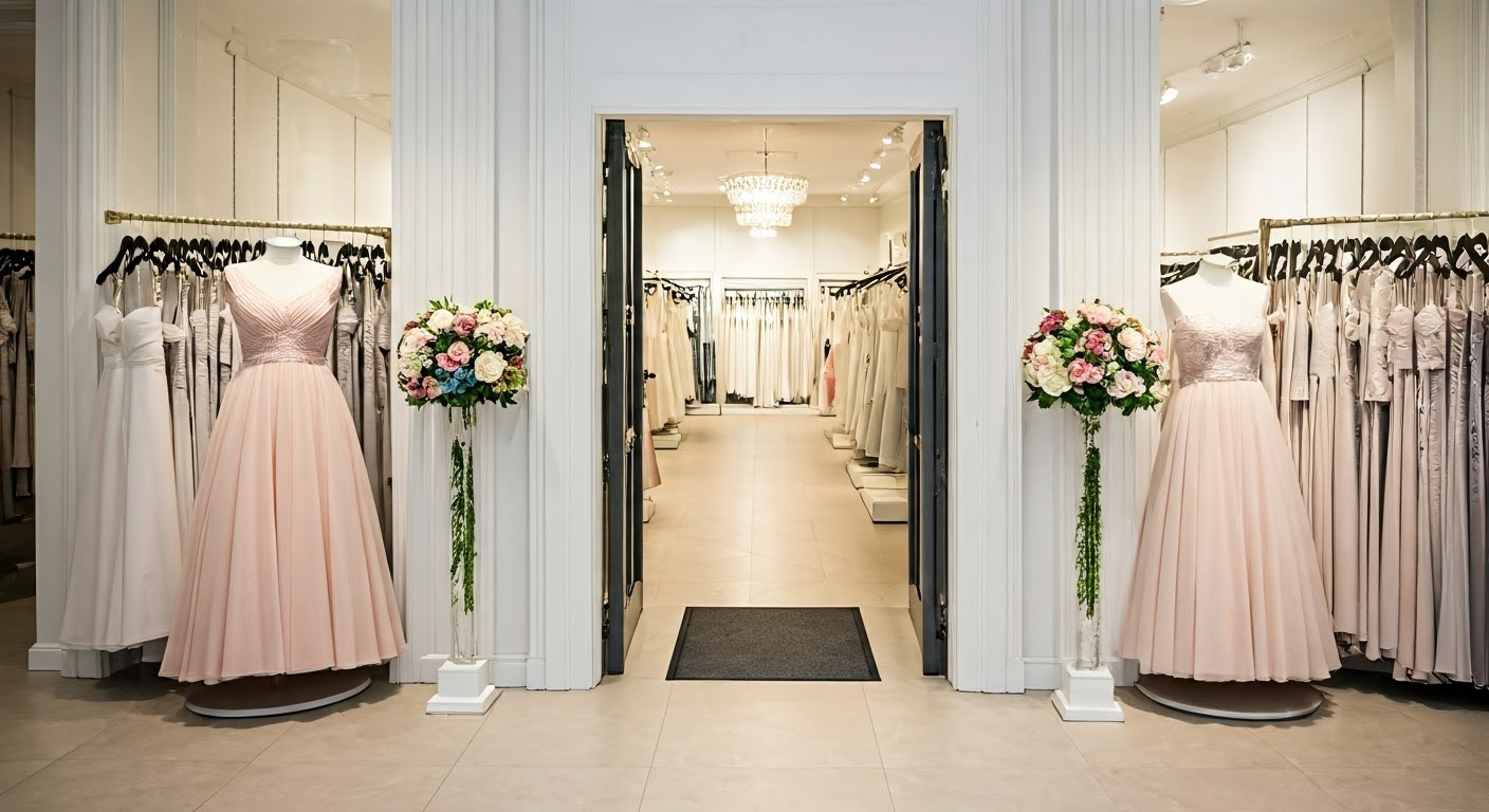 Wedding dress shop interior with light pink dresses on display. Other dresses hang on racks.